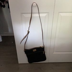 Black with brown strap crossover bag